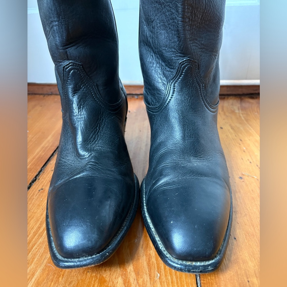 FRYE Vintage Black Pull-On Leather Cowboy Boots, Size 14 D - wide calves - Picture 9 of 12